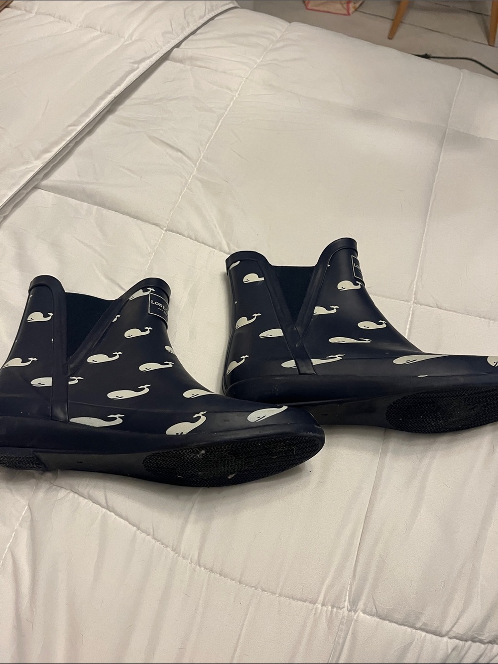 London Fog Navy Rain Boots with White Whale Print